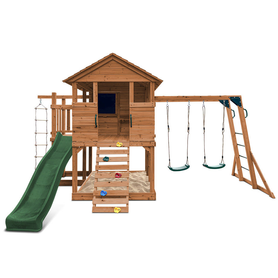Kingston Cubby House, Monkey Bars & Swing Set with 2.2m Slide (Green)