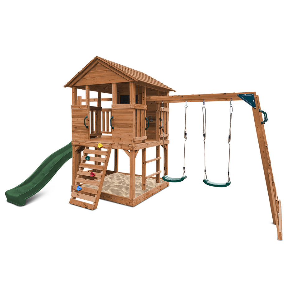 Kingston Cubby House, Monkey Bars & Swing Set with 2.2m Slide (Green)