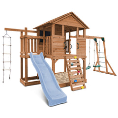 Kingston Cubby House, Monkey Bars & Swing Set with 2.2m Slide (Pastel Blue)