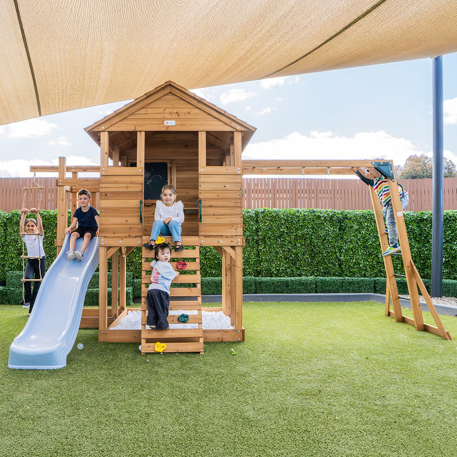 Kingston Cubby House, Monkey Bars & Swing Set with 2.2m Slide (Pastel Blue)