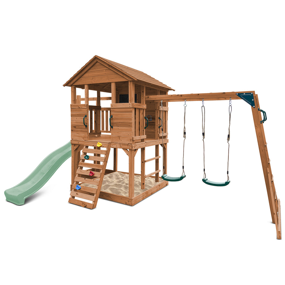 Kingston Cubby House, Monkey Bars & Swing Set with 2.2m Slide (Pastel Green)