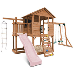 Kingston Cubby House, Monkey Bars & Swing Set with 2.2m Slide (Pastel Pink)