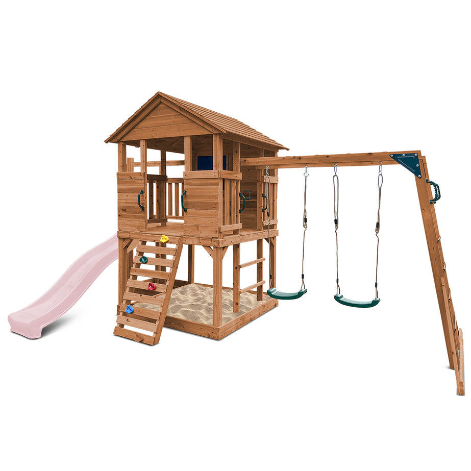 Kingston Cubby House, Monkey Bars & Swing Set with 2.2m Slide (Pastel Pink)