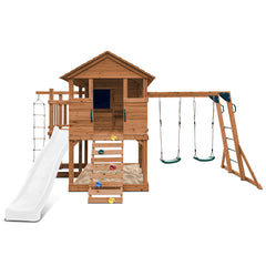 Kingston Cubby House, Monkey Bars & Swing Set with 2.2m Slide (White)