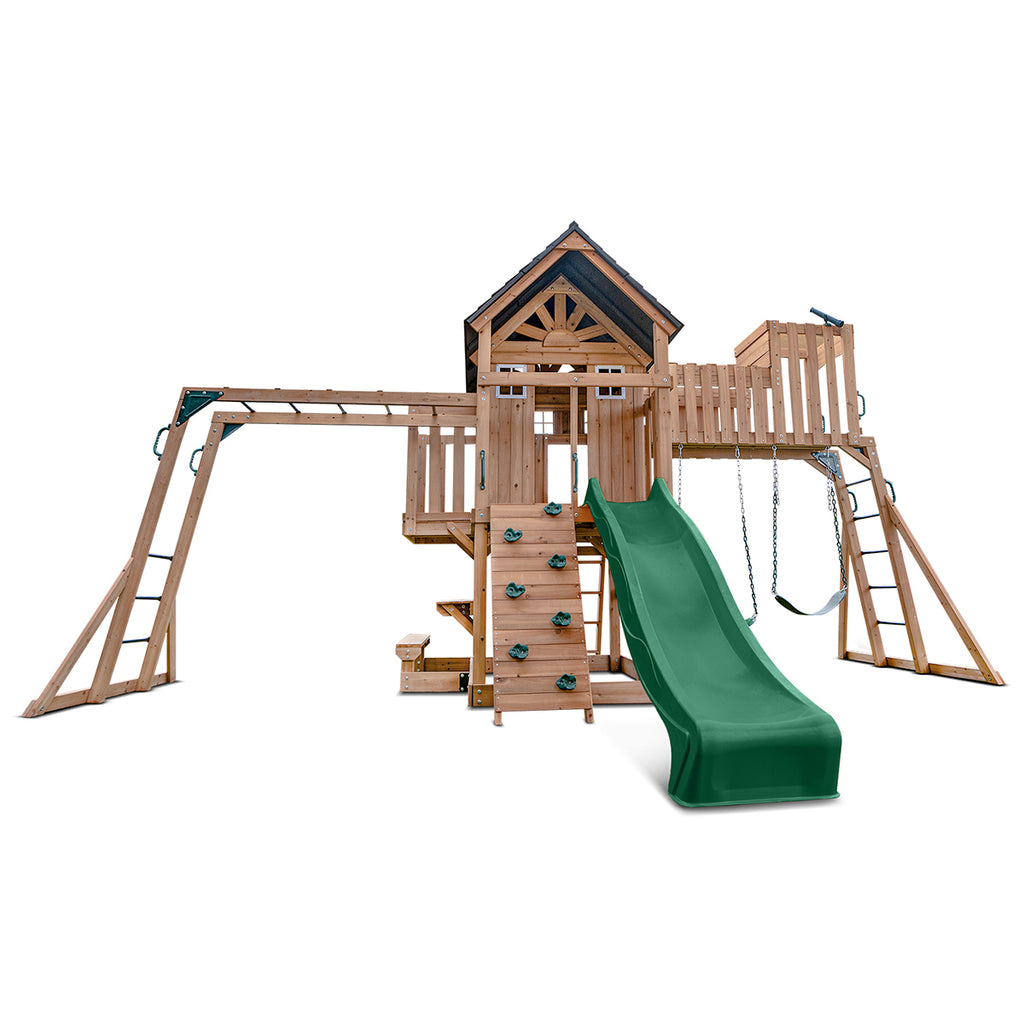 Kensington Wooden Swing Set Monkey Bars Cubby House with Green Slide