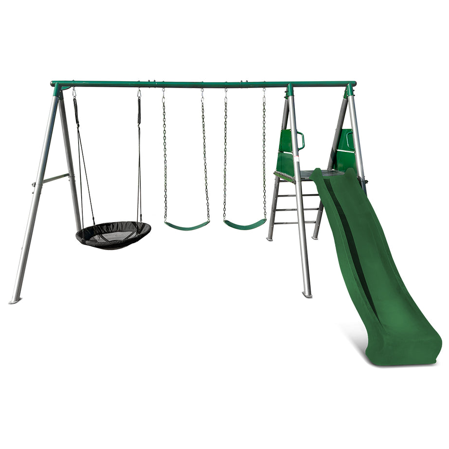Europa Commercial Grade Steel Swing Set with Climb & 2.2m Slide (Green)