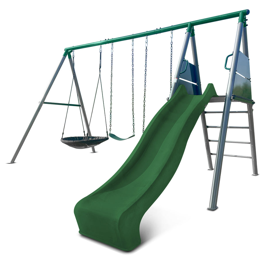 Europa Commercial Grade Steel Swing Set with Climb & 2.2m Slide (Green)