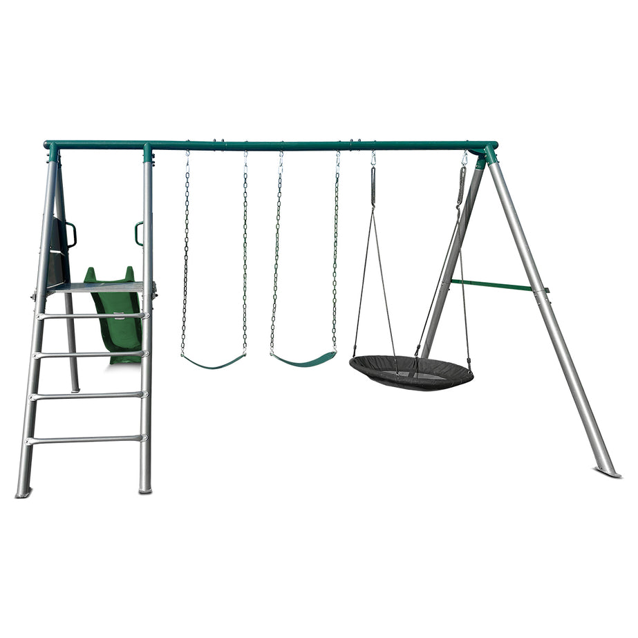 Europa Commercial Grade Steel Swing Set with Climb & 2.2m Slide (Green)