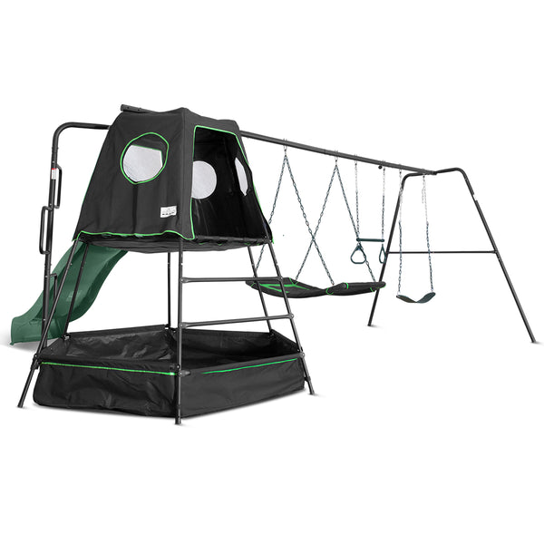 Pallas Play Tower with Metal Swing Set (Green Slide)