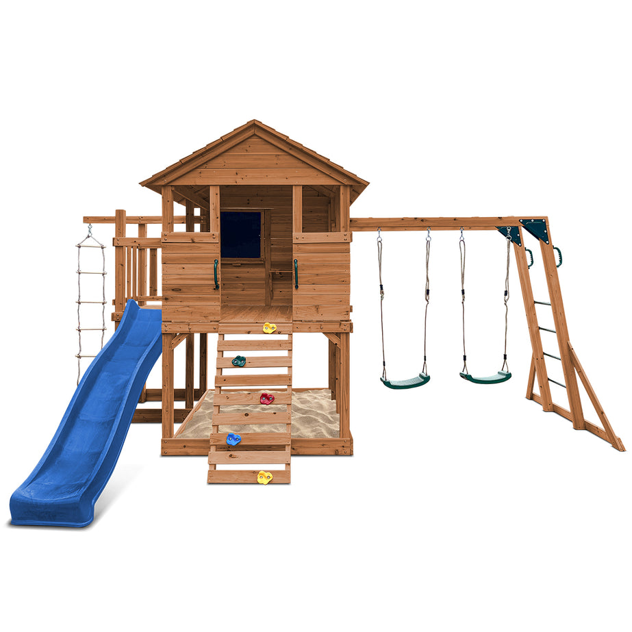 Kingston Cubby House, Monkey Bars & Swing Set with 2.2m Slide (Blue)