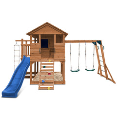 Kingston Cubby House, Monkey Bars & Swing Set with 2.2m Slide (Blue)