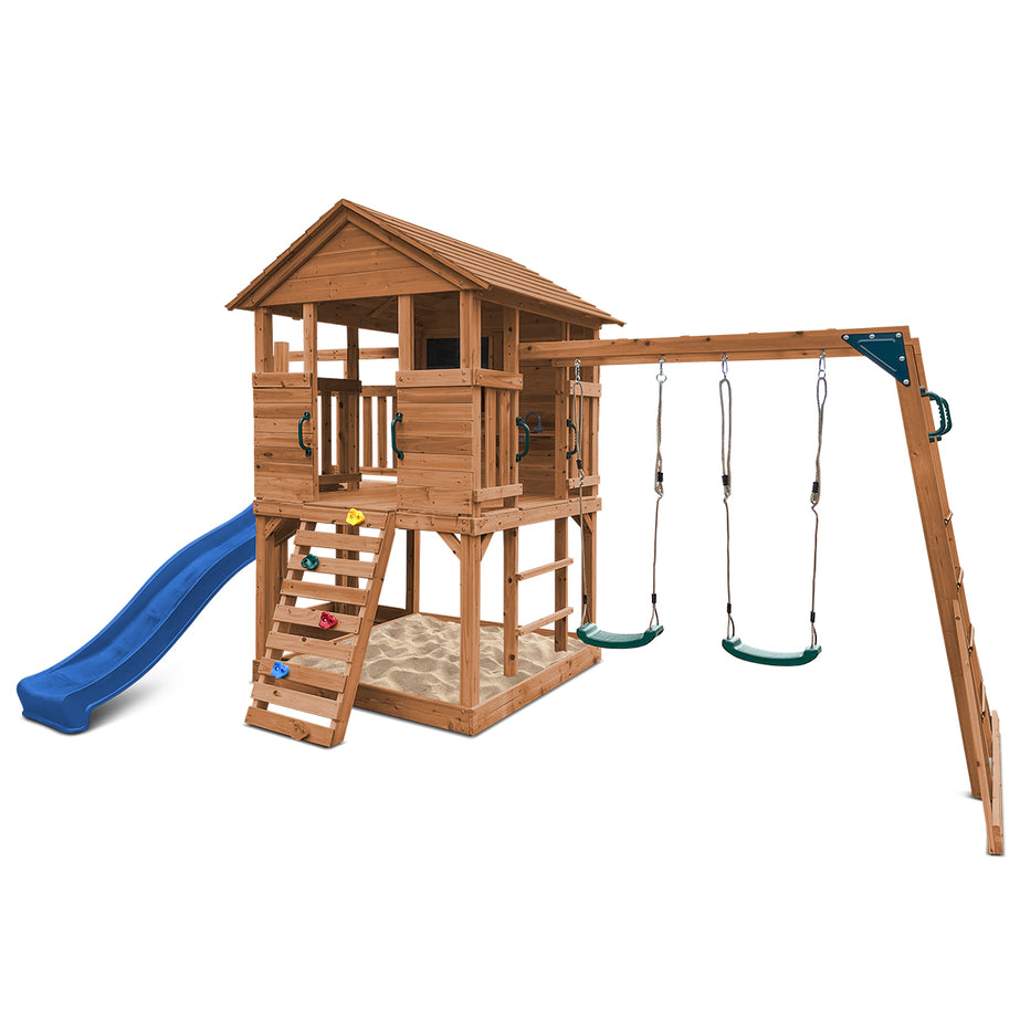 Kingston Cubby House, Monkey Bars & Swing Set with 2.2m Slide (Blue)