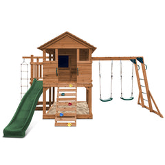 Kingston Cubby House, Monkey Bars & Swing Set with 2.2m Slide (Green)