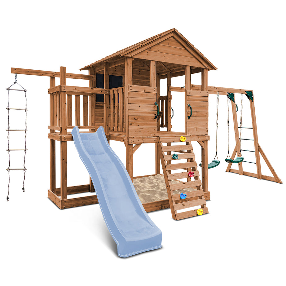 Kingston Cubby House, Monkey Bars & Swing Set with 2.2m Slide (Pastel Blue)