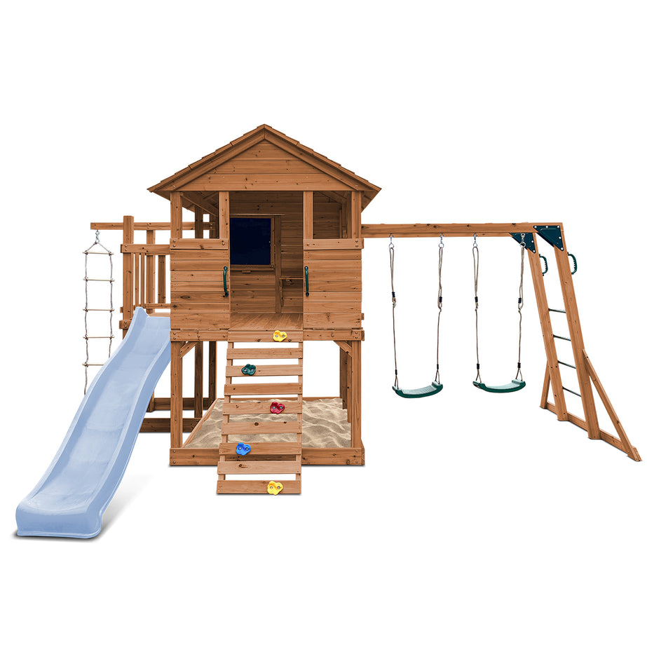 Kingston Cubby House, Monkey Bars & Swing Set with 2.2m Slide (Pastel Blue)