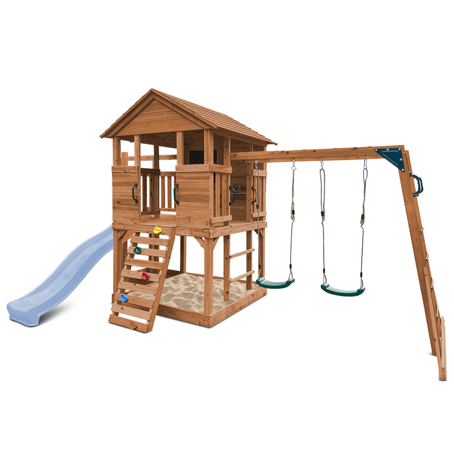 Kingston Cubby House, Monkey Bars & Swing Set with 2.2m Slide (Pastel Blue)