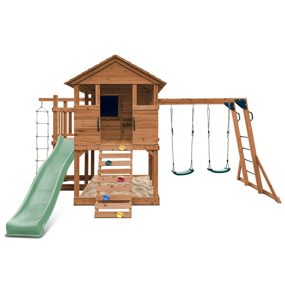 Kingston Cubby House, Monkey Bars & Swing Set with 2.2m Slide (Pastel Green)
