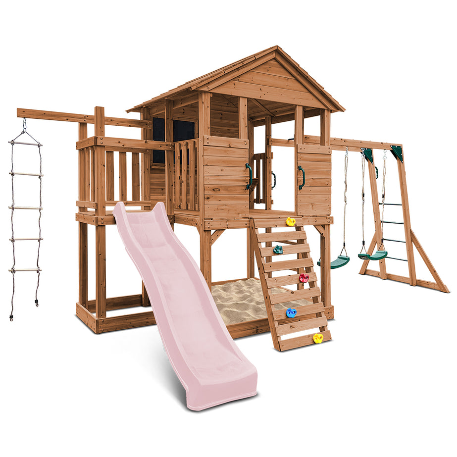 Kingston Cubby House, Monkey Bars & Swing Set with 2.2m Slide (Pastel Pink)