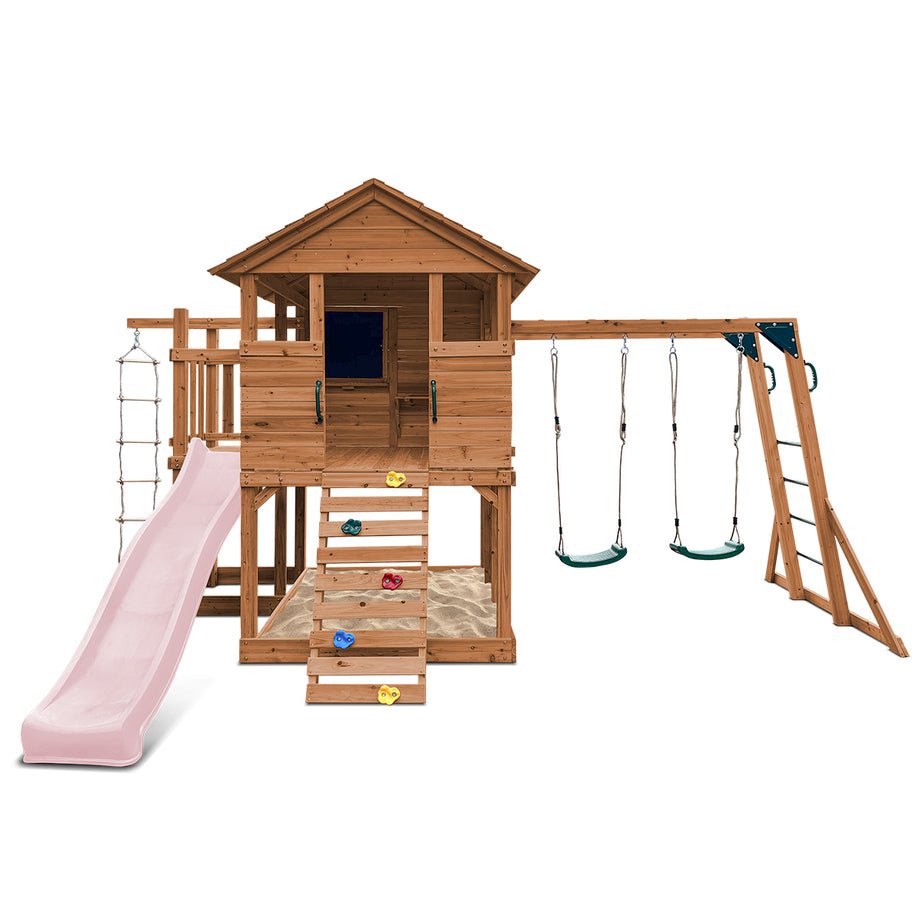 Kingston Cubby House, Monkey Bars & Swing Set with 2.2m Slide (Pastel Pink)