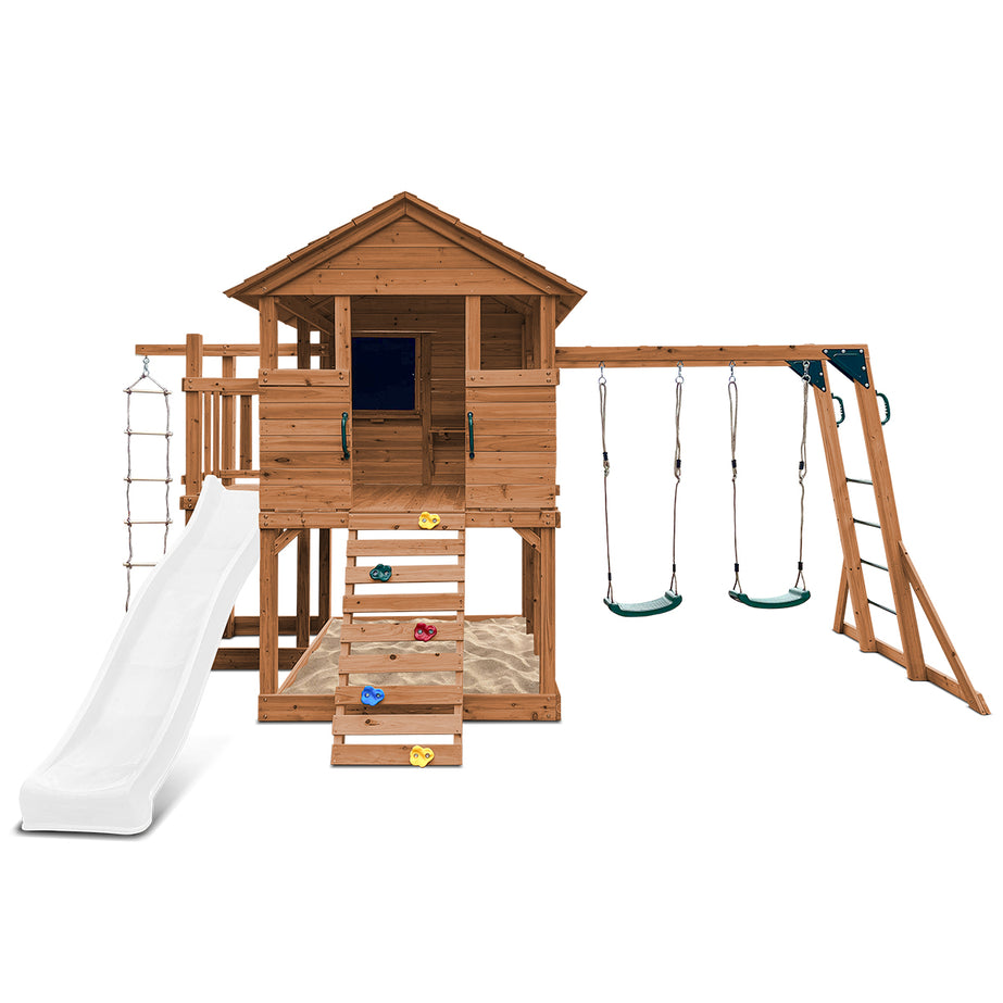 Kingston Cubby House, Monkey Bars & Swing Set with 2.2m Slide (White)