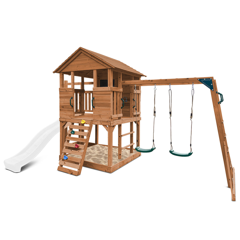 Kingston Cubby House, Monkey Bars & Swing Set with 2.2m Slide (White)