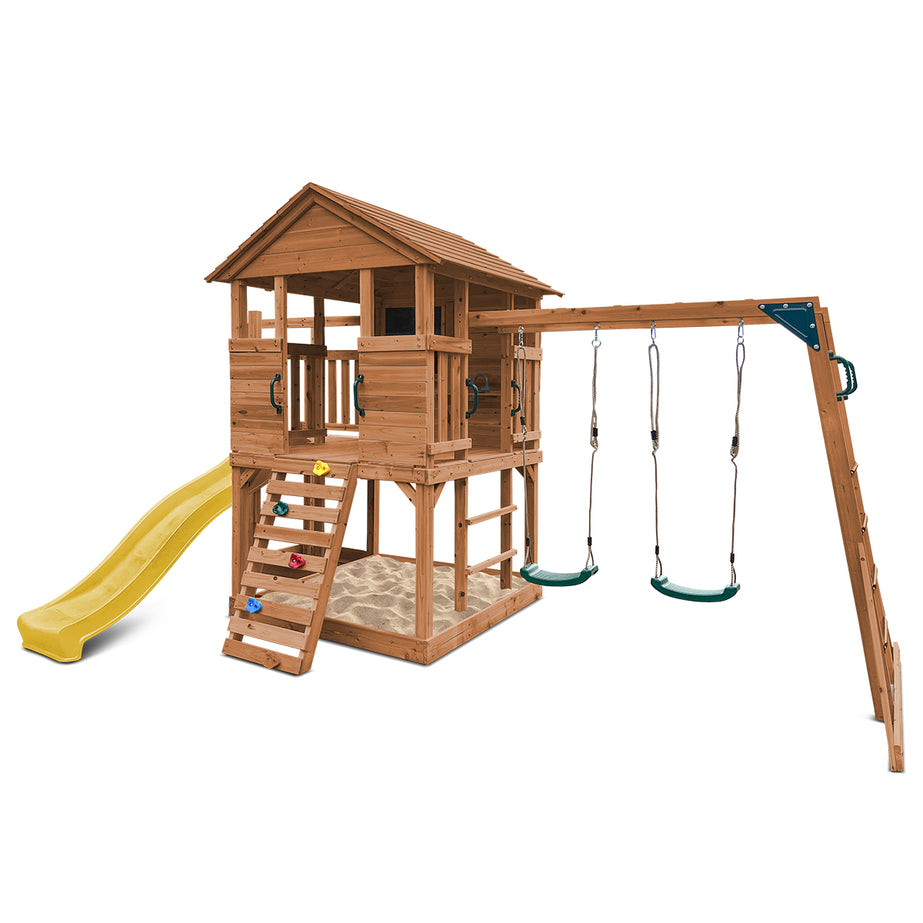 Kingston Cubby House, Monkey Bars & Swing Set with 2.2m Slide (Yellow)