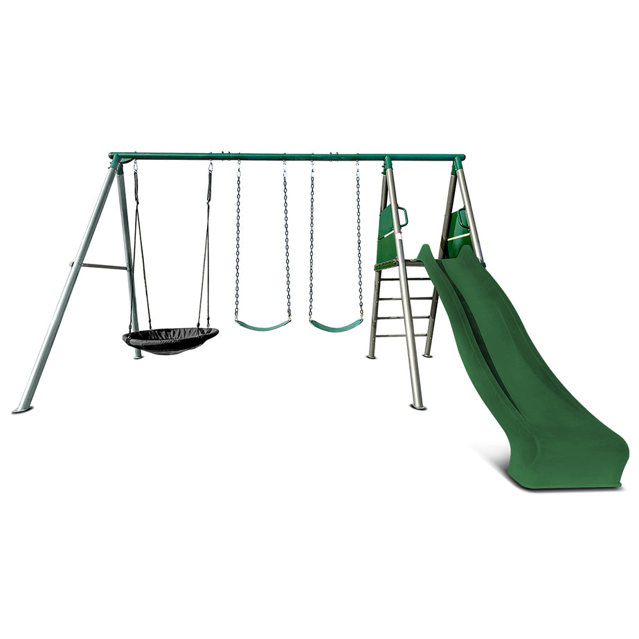 Europa Commercial Grade Steel Swing Set with Climb & 2.2m Slide (Green)