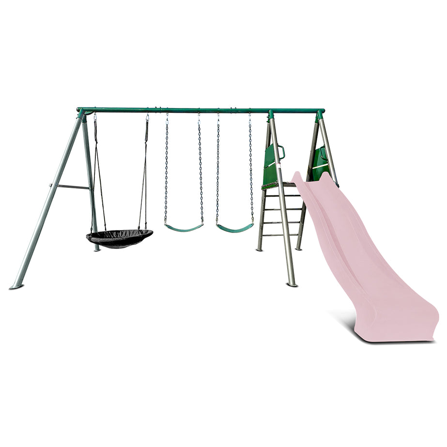 Europa Commercial Grade Steel Swing Set with Climb & 2.2m Slide (Pastel Pink)