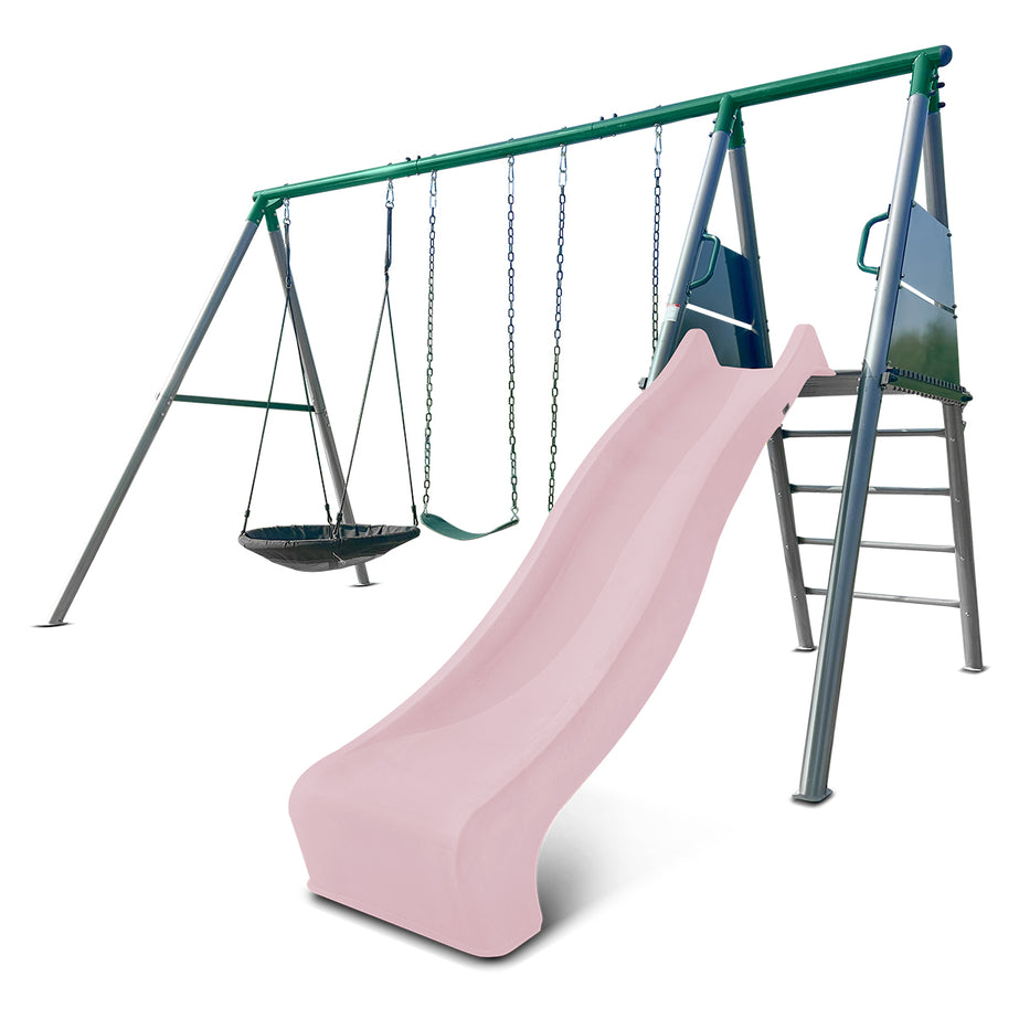 Europa Commercial Grade Steel Swing Set with Climb & 2.2m Slide (Pastel Pink)