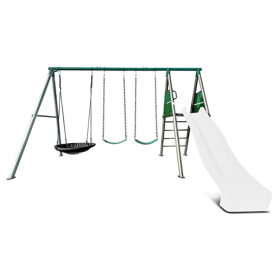 Europa Commercial Grade Steel Swing Set with Climb & 3.0m Slide (White)