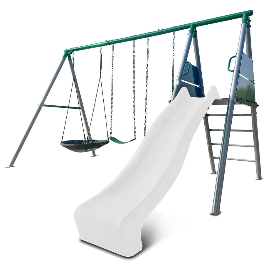 Europa Commercial Grade Steel Swing Set with Climb & 3.0m Slide (White)